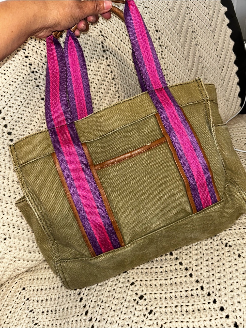 Tory Burch Olive Canvas Tote with Pink & Purple Stripe Handles - Picture 5 of 10